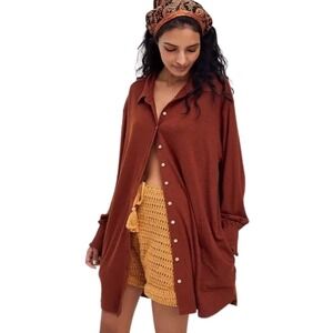 Free People Beach Dress Womens Medium Terracotta Linen Blend Button Down Pockets